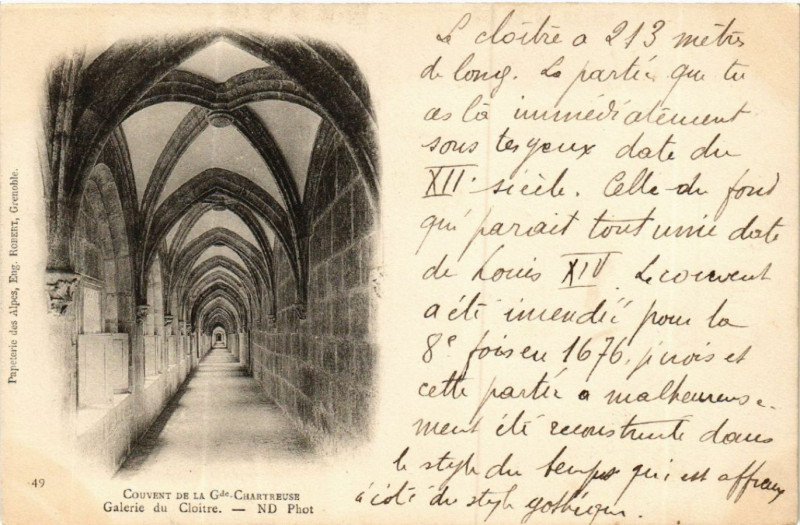 Carte postale ancienne Couvent de la Grande-Chartreuse - Galerie du Cloitre