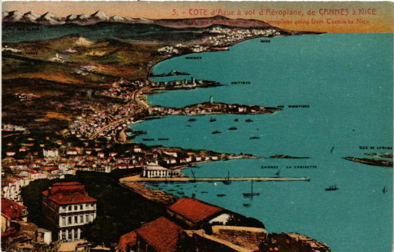 Carte postale ancienne Cote d'Azur a vol d'Aéroplane, de Cannes a Nice à Cannes