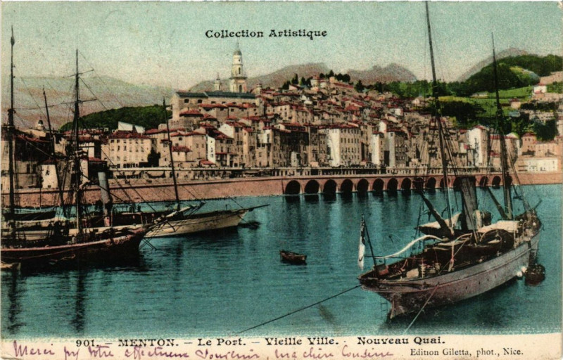 Carte postale ancienne Menton Le Port - Vieille Ville - Nouveau Quai à Menton