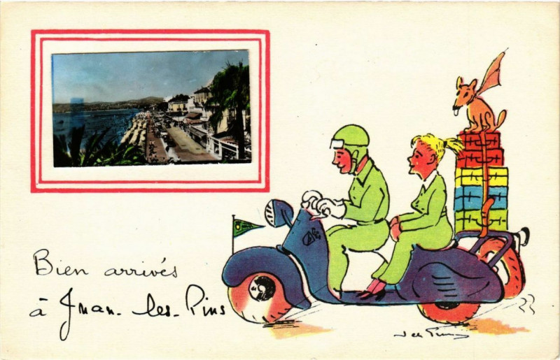 Carte postale ancienne Bien arrivee a Juan-les-Pins