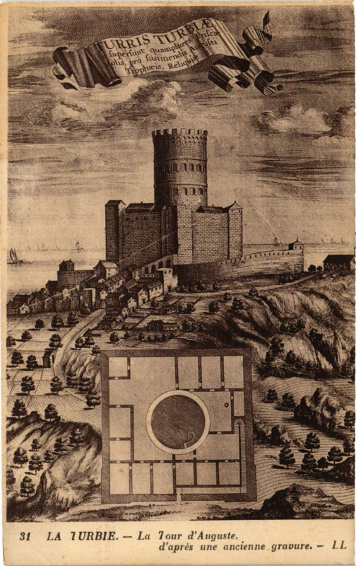 Carte postale ancienne La Turbie La Tour d'Auguste d'apres une ancienne gravure à La Tour