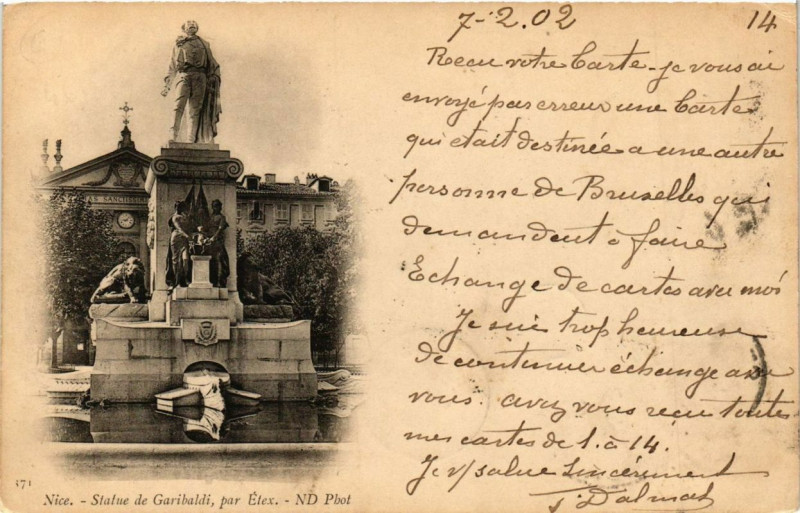 Carte postale ancienne Nice Statue de Garibaldi, par Etex à Nice