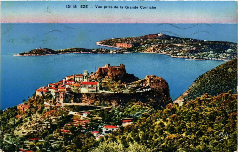Carte postale ancienne Eze Vue prise de la Grande Corniche à Èze