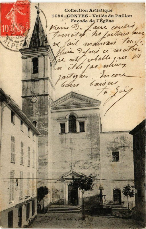 Carte postale ancienne Contes Vallée du Paillon Facade de l'Eglise à Contes