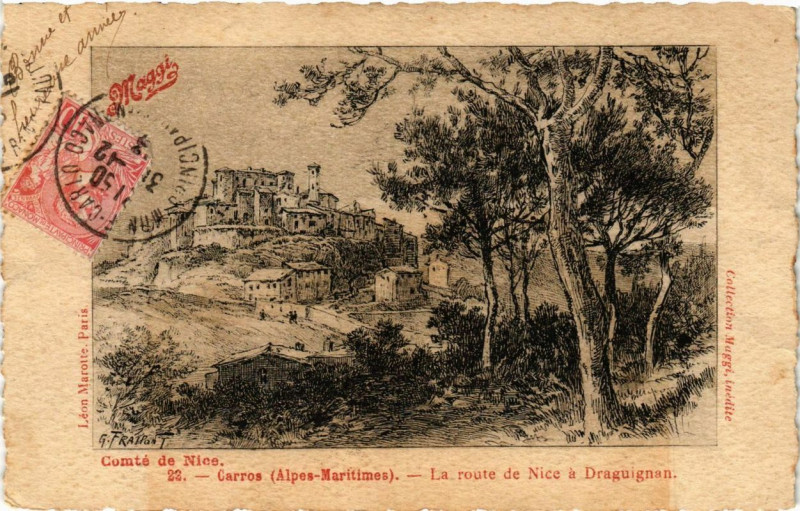 Carte postale ancienne Carros La route de Nice a Draguignan à Carros