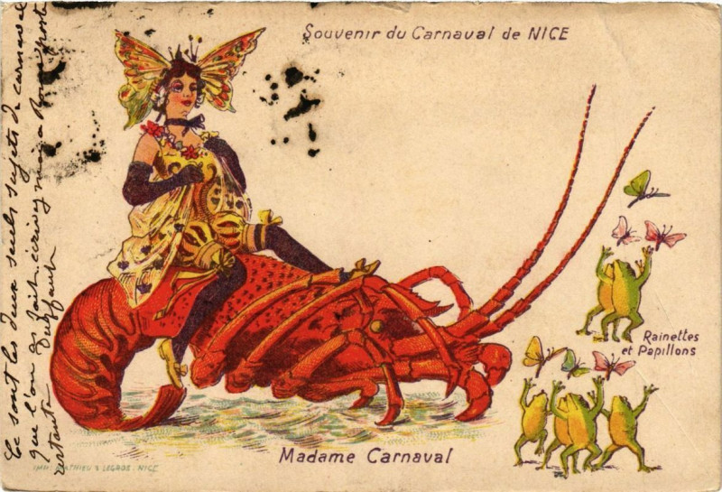 Carte postale ancienne Carnaval de Nice Madame Carnaval - rainettes et Papillons à Nice