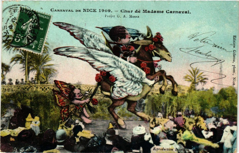 Carte postale ancienne Carnaval de Nice 1909 Char de Madame Carnaval à Nice