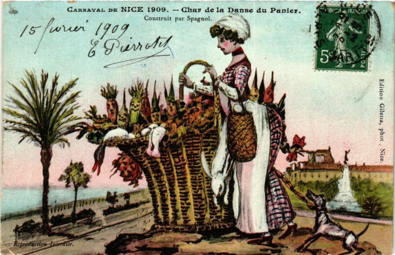 Carte postale ancienne Carnaval de Nice 1909 Char de la Danse du Panier à Nice