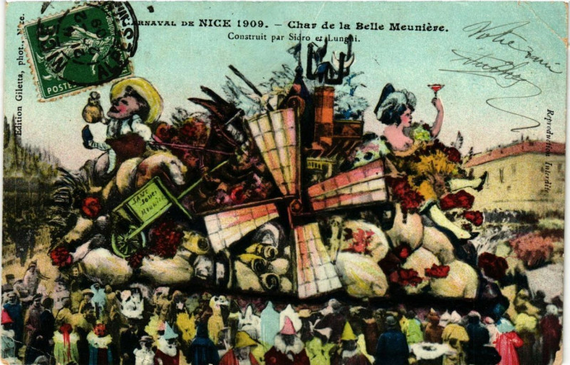 Carte postale ancienne Carnaval de Nice 1909 Char de la Belle Meuniere à Nice
