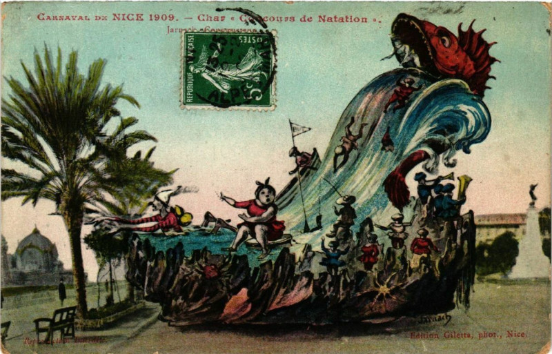 Carte postale ancienne Carnaval de Nice 1909 Char Concours de Natation à Nice