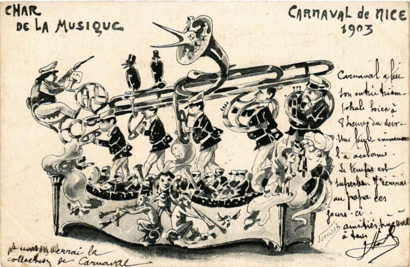 Carte postale ancienne Carnaval de Nice 1903 Char de la Musique à Nice