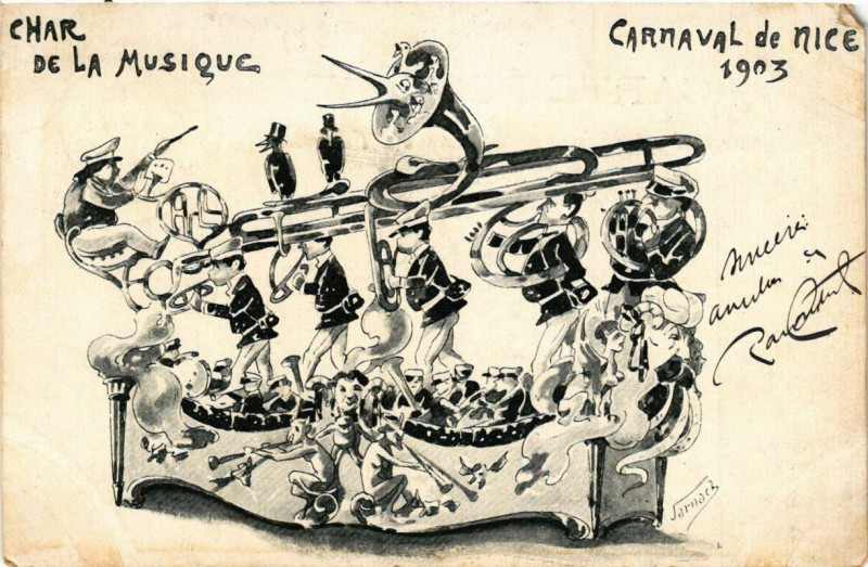 Carte postale ancienne Carnaval de Nice 1903 Char de la Musique à Nice