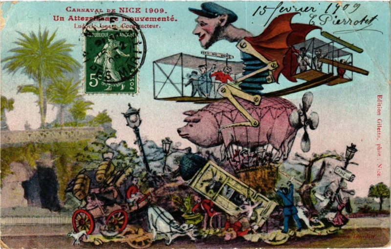 Carte postale ancienne Carnaval de Nice 1909 Un Atternissage mouvemente à Nice