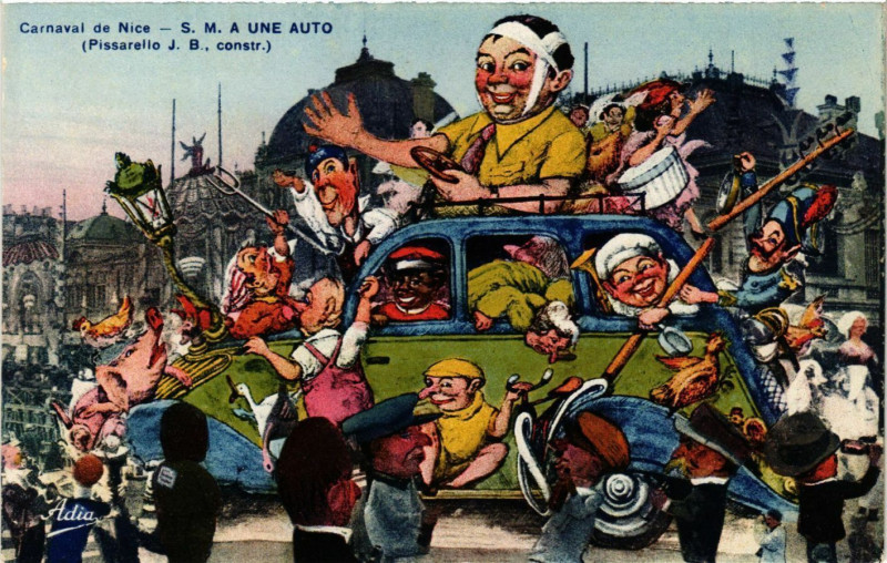 Carte postale ancienne Carnaval de Nice - S.M. A Une Auto (Pissarelle J.B. constr.) à Nice