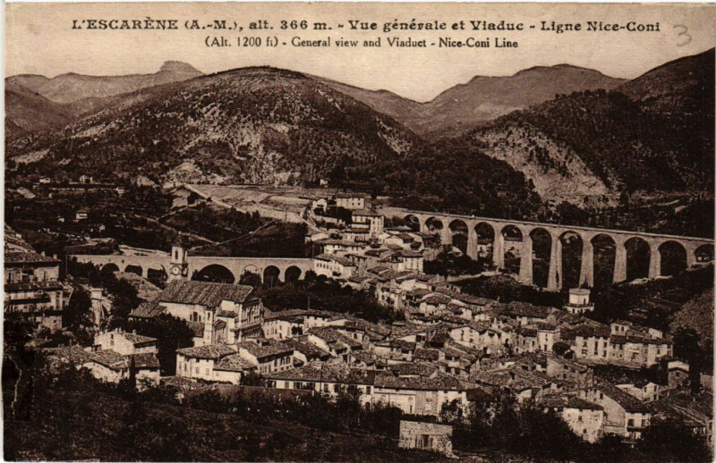 Carte postale ancienne L'Escarene alt 366 m - Vue générale et Viaduc - Ligne .. à L'Escarène