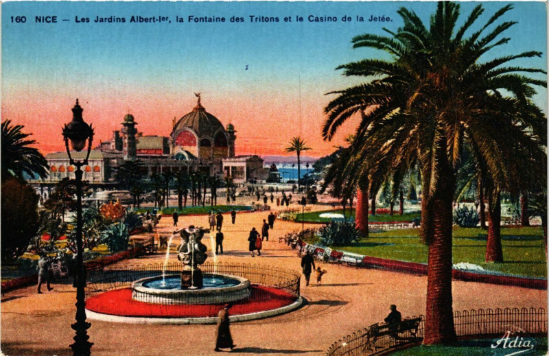 Carte postale ancienne Nice - Les Jardins Albert Ier, la Fontaine des Tritons et le Casino à Nice