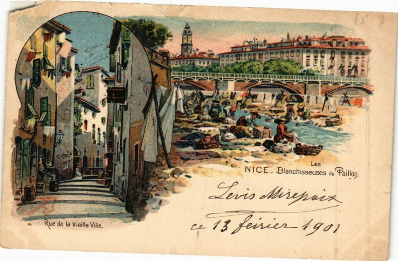 Carte postale ancienne Nice - Blanchiseusses du paillon à Nice