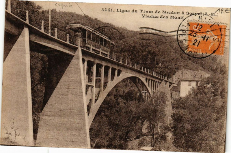 Carte postale ancienne Ligne du Tram de Menton a Sospel à Menton
