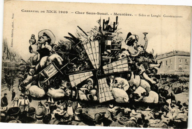 Carte postale ancienne Carnaval de Nice 1909 Char Sans-Souci Meuniére Sidro et Lunghi à Nice