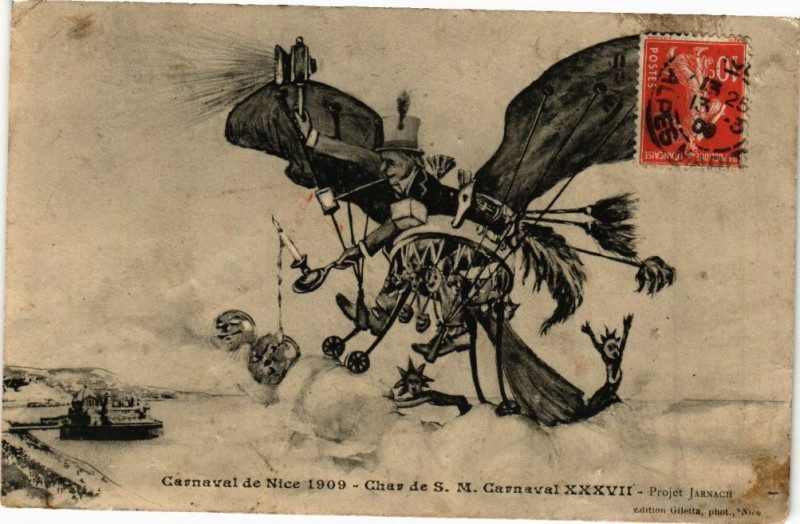 Carte postale ancienne Carnaval de Nice 1909 - Char de S. M. Carnaval à Nice