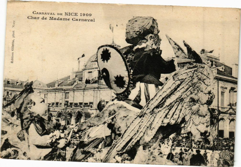 Carte postale ancienne Carnaval de Nice 1909 - Char de Madame Carnaval à Nice