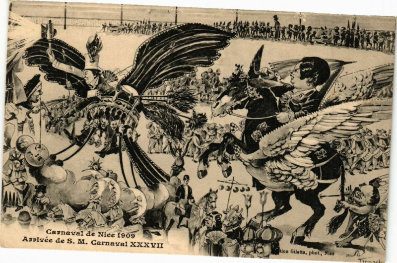 Carte postale ancienne Carnaval de Nice 1909 - Arrivée de S.M. Carnaval à Nice