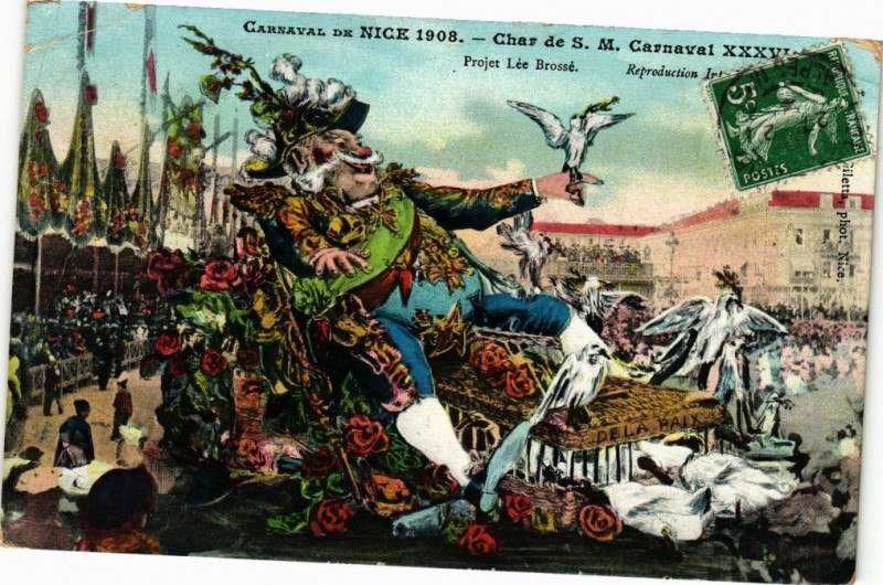 Carte postale ancienne Carnaval de Nice 1908 - Char de S.M. Carnaval à Nice