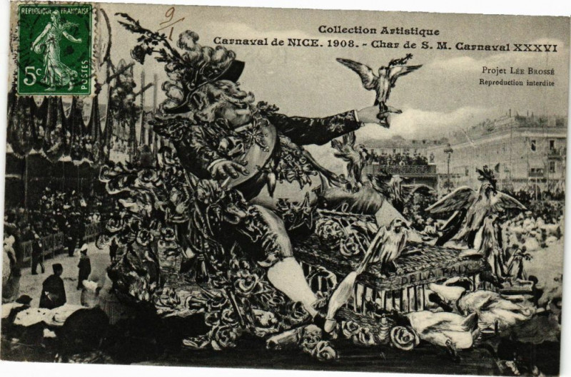 Carte postale ancienne Carnaval de Nice 1908 - Char de S.M. Carnaval à Nice