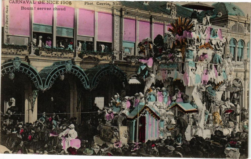 Carte postale ancienne Carnaval de Nice 1906 - Boum servez chaud à Nice