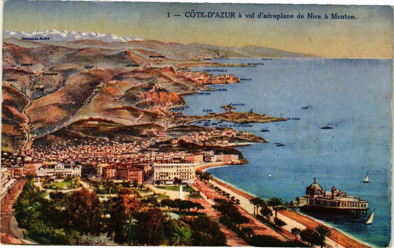 Carte postale ancienne Cote d'Azur a vol d'aeroplane de Nice a Menton à Nice
