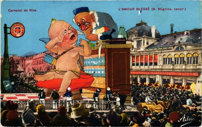 Carte postale ancienne Carnaval de Nice - L'Amour Blessé (B.Magnico constr) à Nice