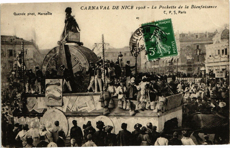Carte postale ancienne Carnaval de Nice 1908 - La Pochette de la Bienfaisance à Nice