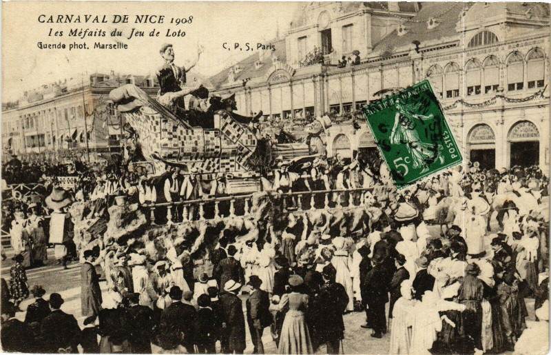 Carte postale ancienne Carnaval de Nice 1908 - Les Méfaits du Jeu de Loto à Nice