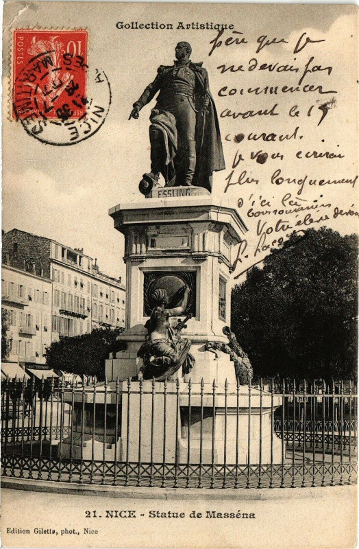 Carte postale ancienne Nice - Statue de Masséna à Nice