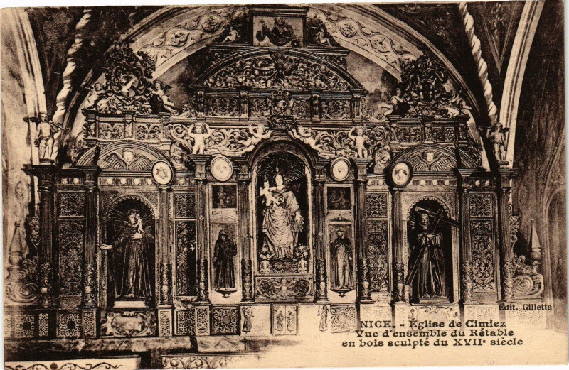 Carte postale ancienne Nice - Eglise de Cimiez - Vue d'ensemble du Rétable en bois sculpté à Nice