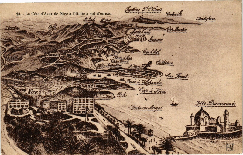 Carte postale ancienne La Cote d'Azur de Nice a l'Italie a vol d'oiseau à Nice