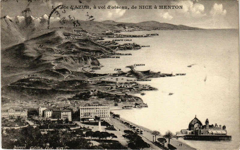 Carte postale ancienne Cote d'Azur a vol d'oiseau de Nice a Menton à Nice