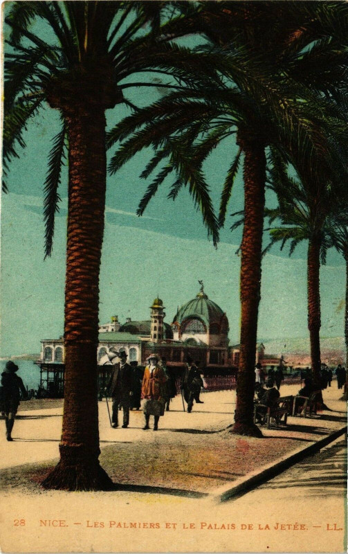 Carte postale ancienne Nice - Les Palmiers et le Palais de la Jetée à Nice