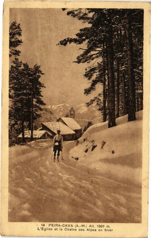Carte postale ancienne Peira-Cava - L'eglise et la chaine
