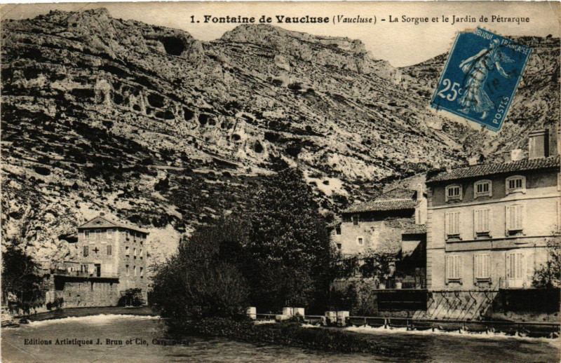 Carte postale ancienne Fontaine de Vaucluse - La Sorgue et le Jardin de Petrarque à Fontaine-de-Vaucluse