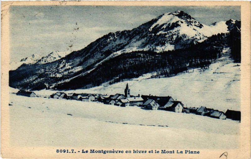 Carte postale ancienne Le Montgenevre en hiver et le Mont La Plane à Montgenèvre