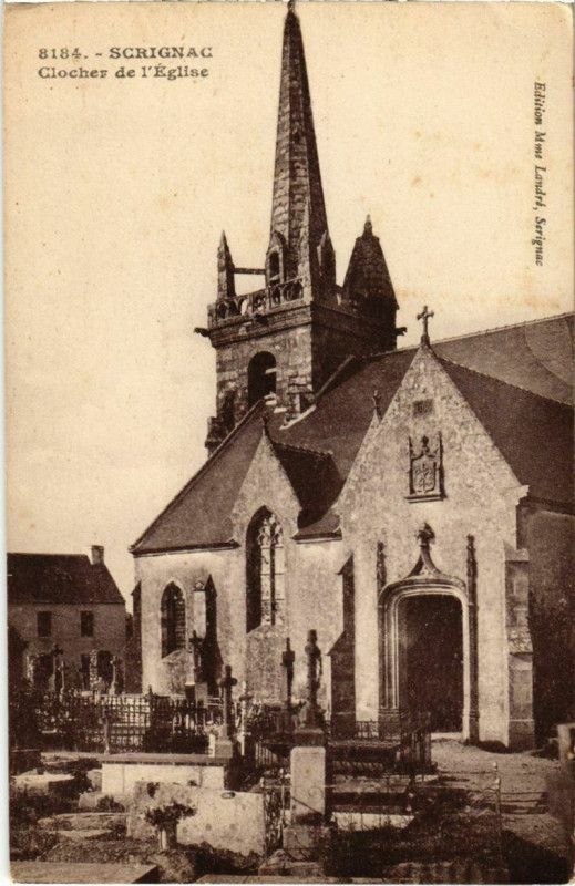 Carte postale ancienne Scrignac - Clocher de l'Eglise à Scrignac