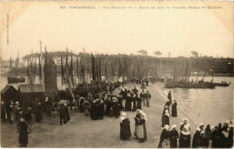 Carte postale ancienne Concarneau - Vue Générale de la Digue un jour de Grandes Péches à Concarneau