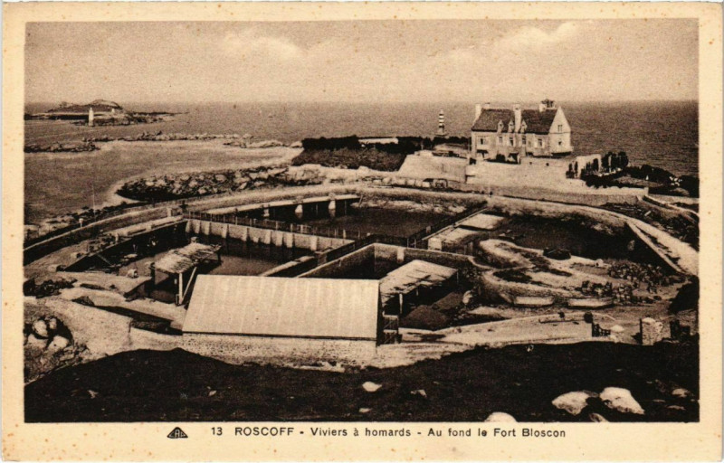 Carte postale ancienne Roscoff- Viviers a homards, Au fond le Fort Bloscon France à Roscoff