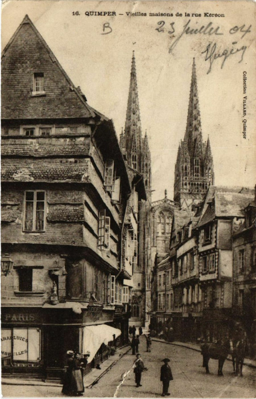Carte postale ancienne Quimper - Vieilles maisons de la rue Kéréon à Quimper