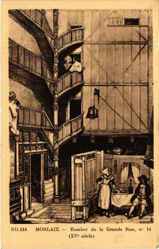 Carte postale ancienne Morlaix - Escalier de la Grande Rue (Xv siécle) à Morlaix