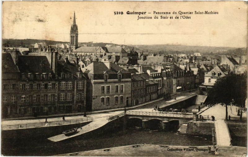 Carte postale ancienne Quimper - Panorama du Quartier St-Mathieu - Jonction du Steir à Quimper