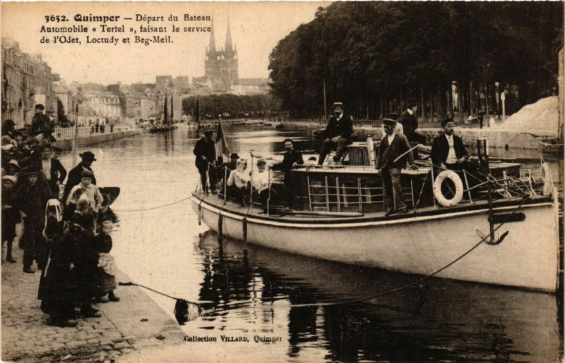 Carte postale ancienne Quimper - Depart de Bateau Automobile Tertel faisant le service à Quimper