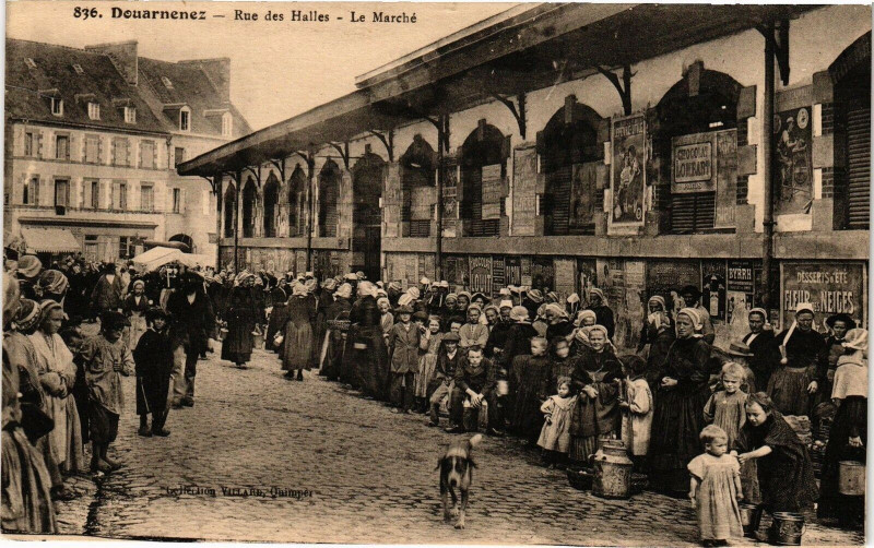 Carte postale ancienne Douarnenez-Rue des Halles-Le Marché à Douarnenez
