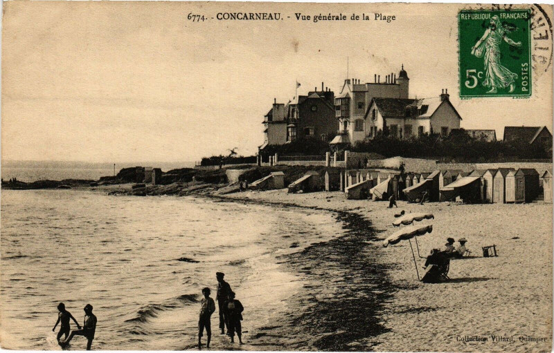 Carte postale ancienne Concarneau - Vue générale de la Plage à Concarneau